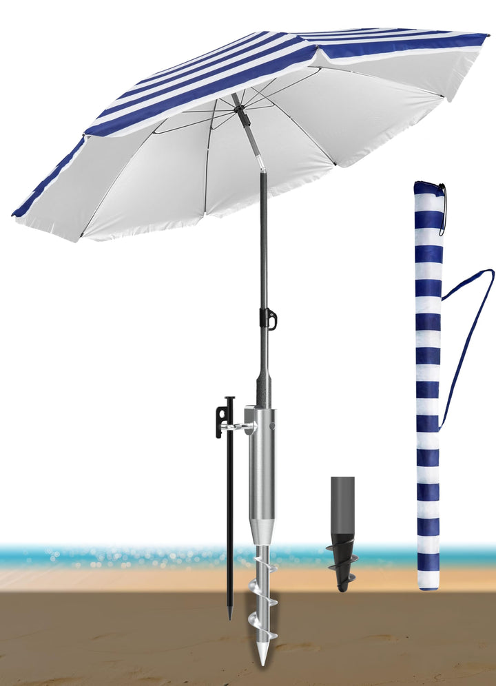 4smile Sonnenschirm Strand Ø 180 cm mit Eindrehbodenhülse, Blau-Weiss | Strandschirm windfest stabil
