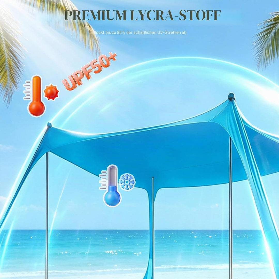 Sonnensegel Strand mit Sandsäcke Lycra UPF 50+ Strandzelt Sonnenschutz Windfest Strandzelt mit 4 Alu