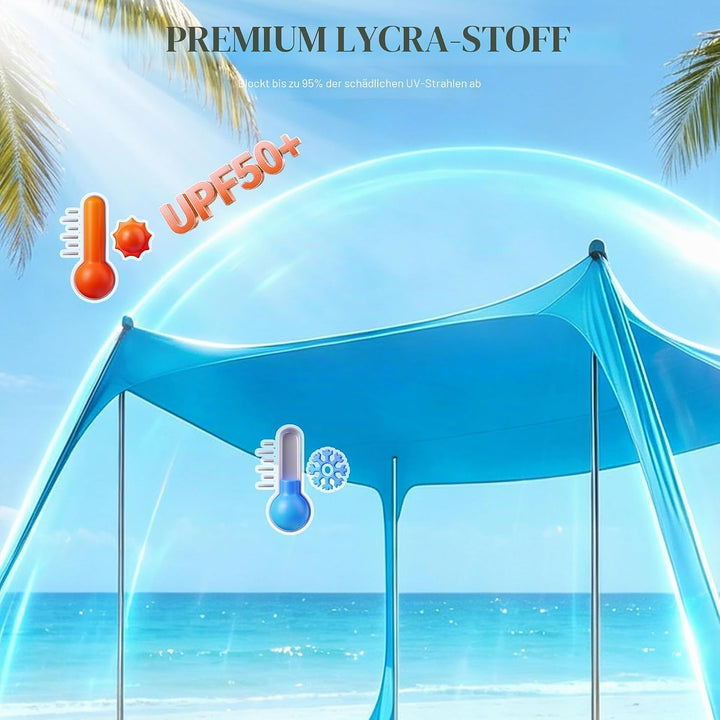 Sonnensegel Strand mit Sandsäcke Lycra UPF 50+ Strandzelt Sonnenschutz Windfest Strandzelt mit 4 Alu
