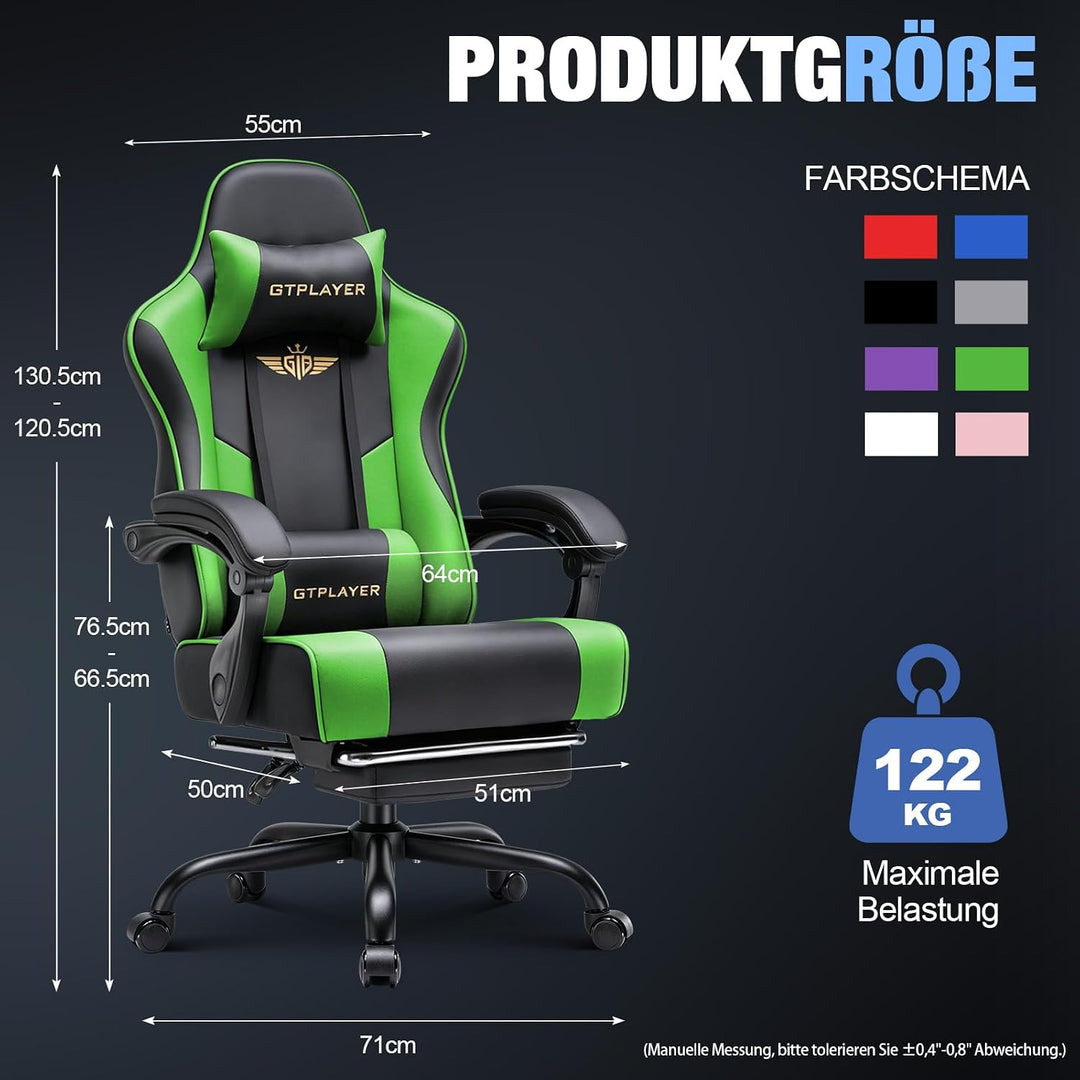 GTPLAYER Gaming Stuhl Chair Gamer Sessel - Ergonomischer Gamer Stuhl mit Fussstütze Kopfstütze und L