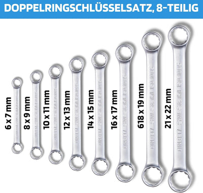 SW-Stahl 00170L Doppelringschlüssel-Satz 6-22 mm, 8-teilig I gerade Ausführung I Ringschraubenschlüs