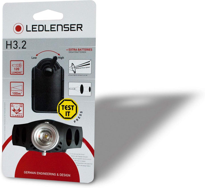Ledlenser H3.2 Stirnlampe LED, fokussierbar, schwenkbar, 120 Lumen, stufenlos dimmbar, Leuchtweite 1