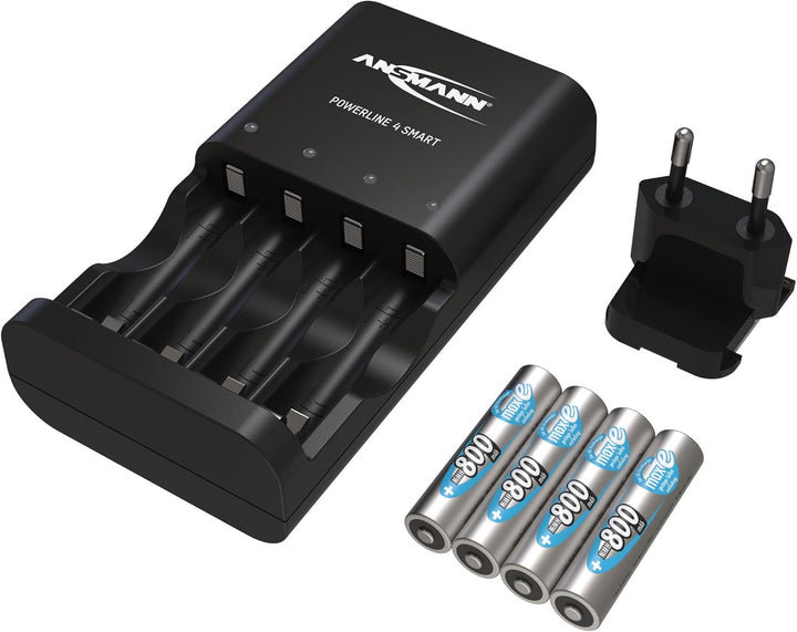 ANSMANN Akkuladegerät mit Repair Modus inkl. 4x 800 mAh NiMH AAA Akkus – Automatik Ladegerät für 4x
