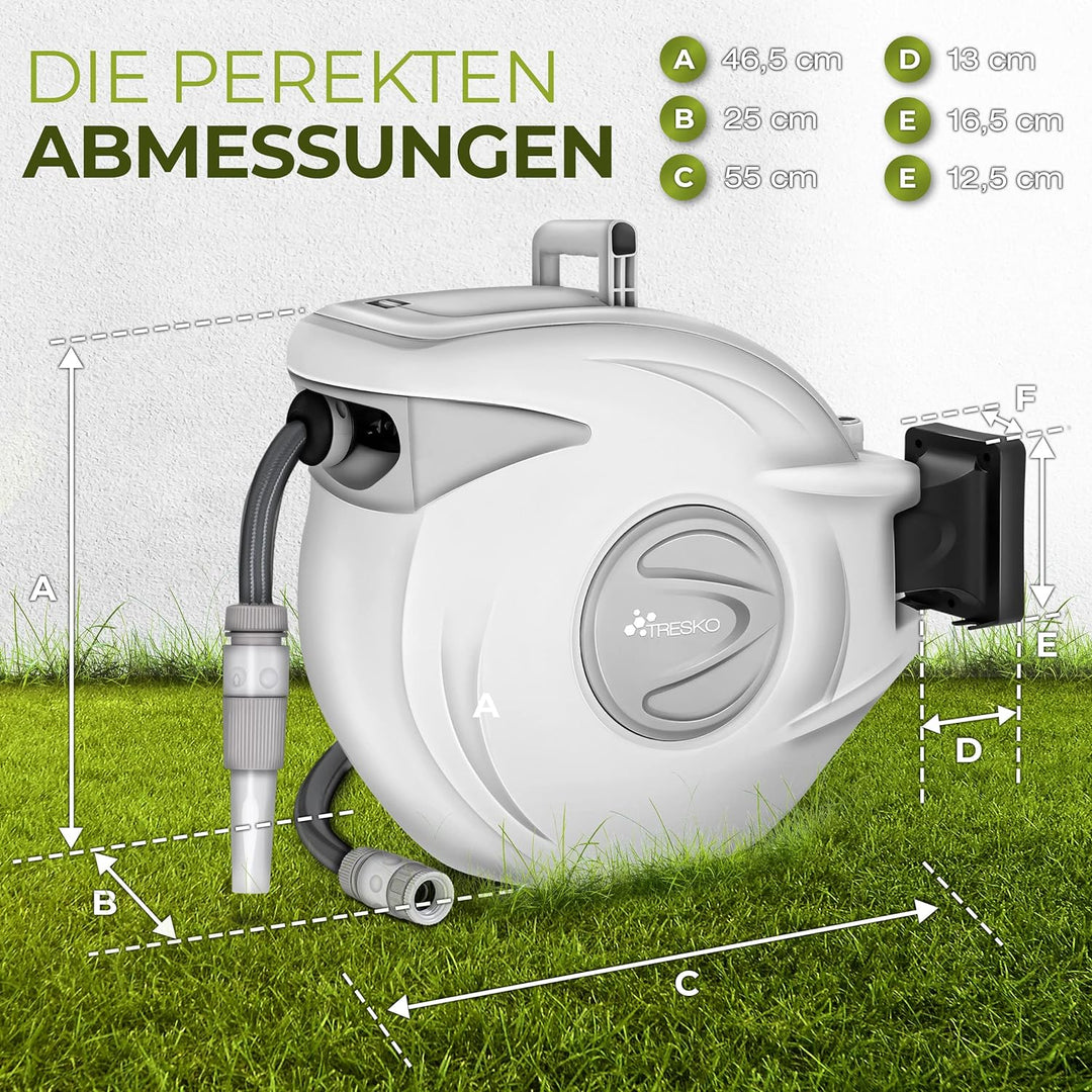 TRESKO® Polypropylen (PP) Schlauchtrommel 30+2m Schlauchaufroller Wasser | mit Handbrause | 180° Sch