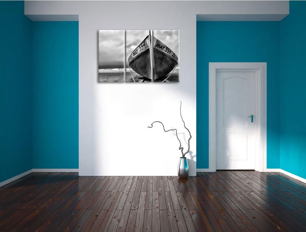 Pixxprint Monocrome, kleines Segelboot am Strand 3-Teiler Leinwandbild 120x80 Bild auf Leinwand