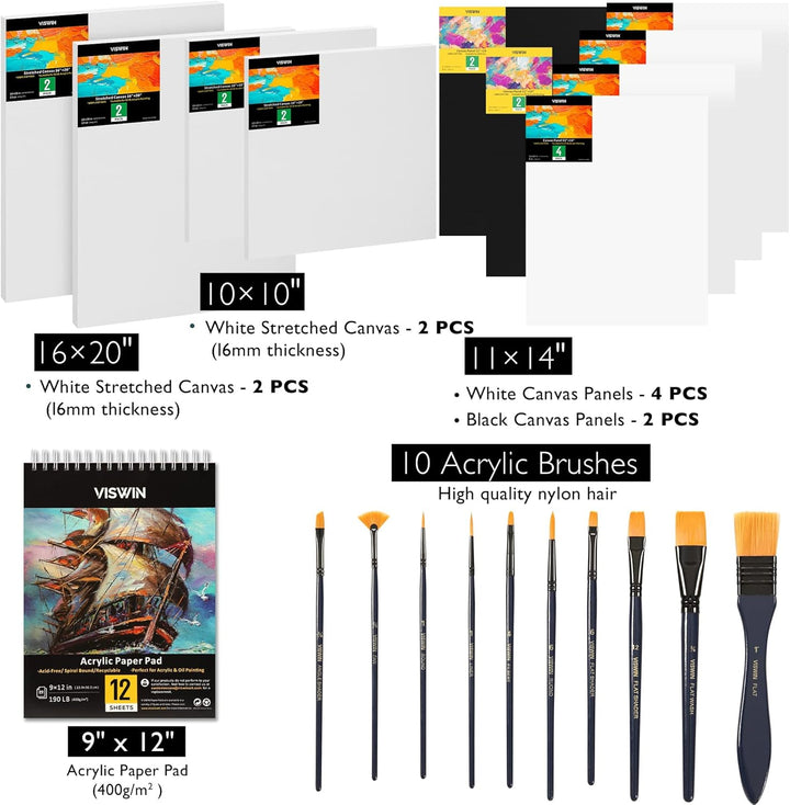 VISWIN Deluxe Acrylfarben-Set, Künstler-Malset mit französischer Staffelei, 15–100 ml Acrylfarben, 8