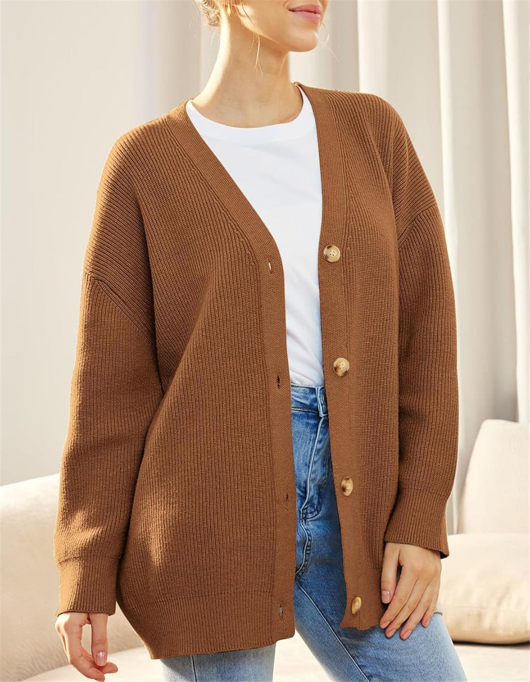 Damen Strickjacke Strick Outwear V-Ausschnitt Vorne Offen Leicht Lockere Pullover mit Knöpfen L Brau