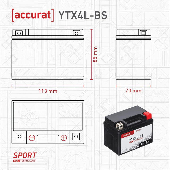 Accurat Motorradbatterie YTX4L-BS - 12V, 5Ah, 55A, zyklenfest, wartungsfrei, Gel - Starterbatterie,