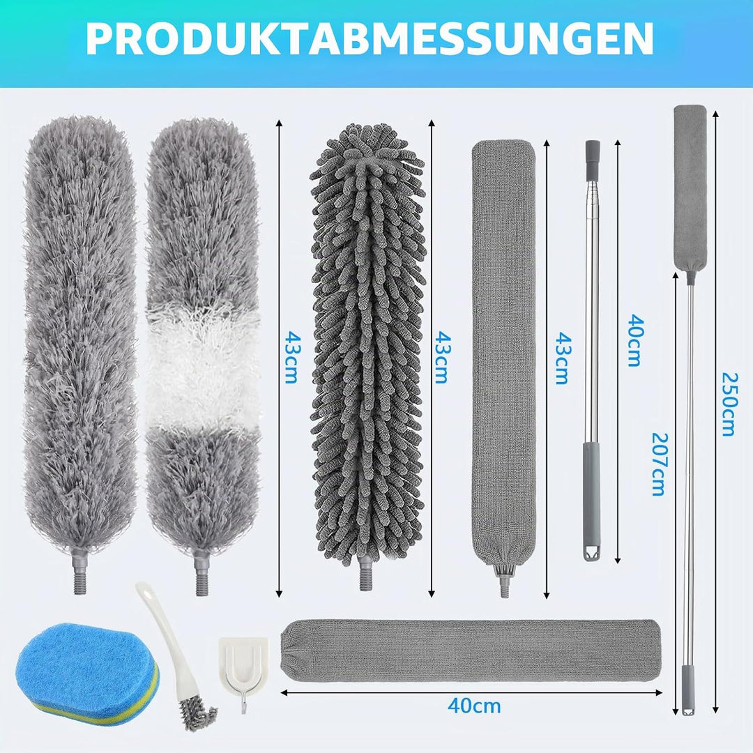 9 Stück Staubwedel Teleskop Waschbar, 2,5m StaubwedelLang Ausziehbar, Teleskop Staubwedel Verbiegbar
