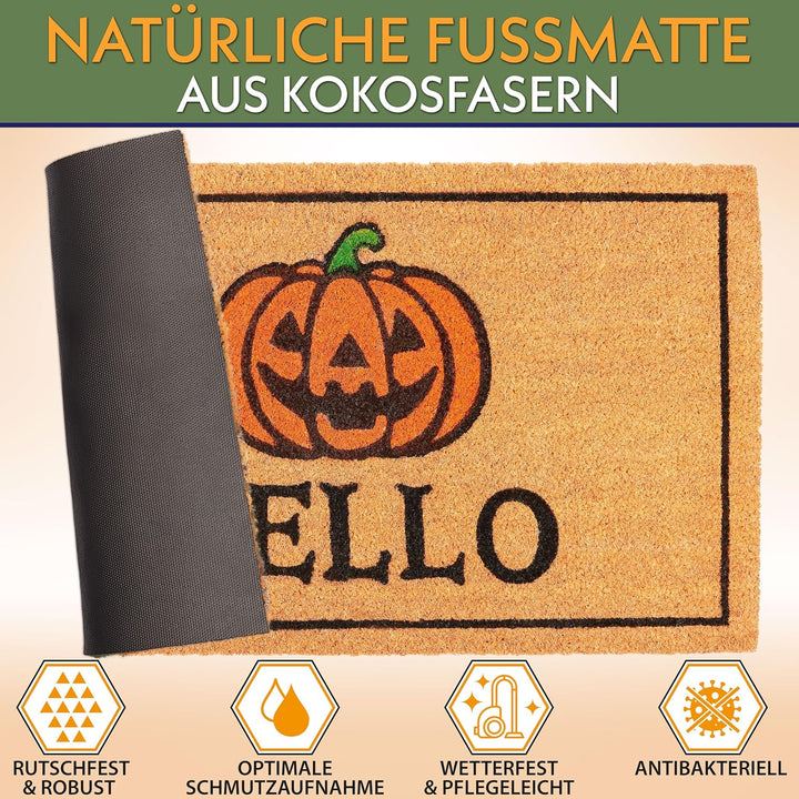 BRUBAKER Halloween Fussmatte für Aussen und Innen - Hello mit Grusel Kürbis - 45 x 75 cm Schmutzfang