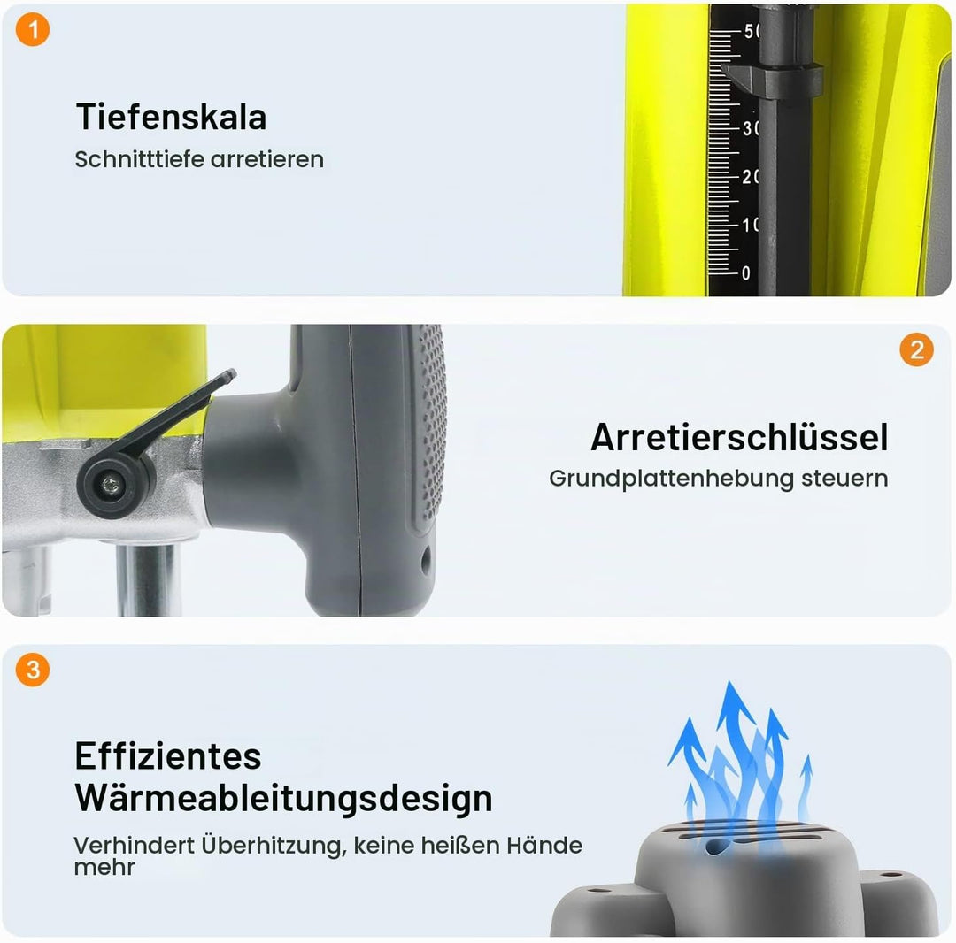 DEWINNER Elektronik Oberfräse Fräser 1200W,Ø 6 und 8 mm,Parallelanschlag,Drehzahlregelung, Absaugada