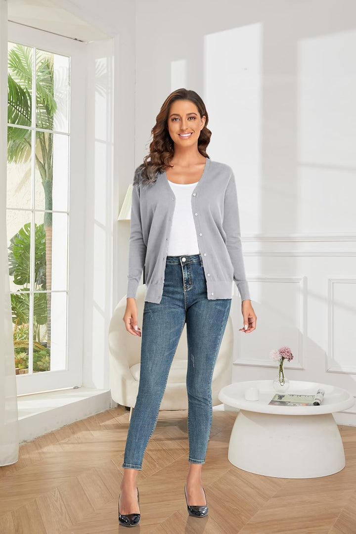 CUNYI Strickjacke für Damen Pullover mit V-Ausschnitt, S Hellgrau
