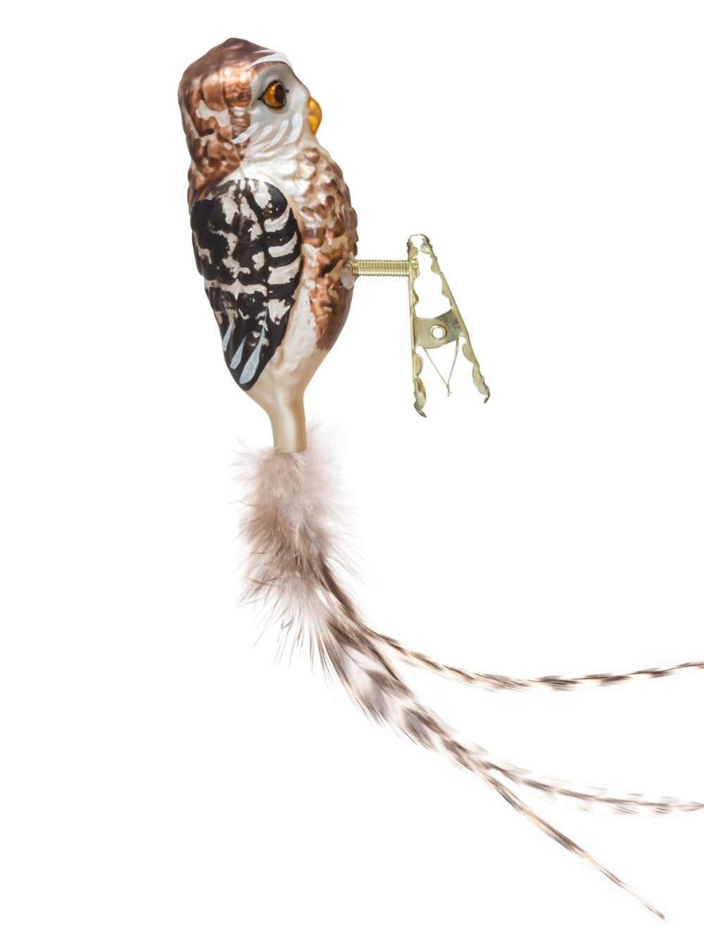 Birds of Glass® Glas-Vogel, Waldkauz mit Naturfeder, Glasschmuck Made in Germany aus eigener Herstel