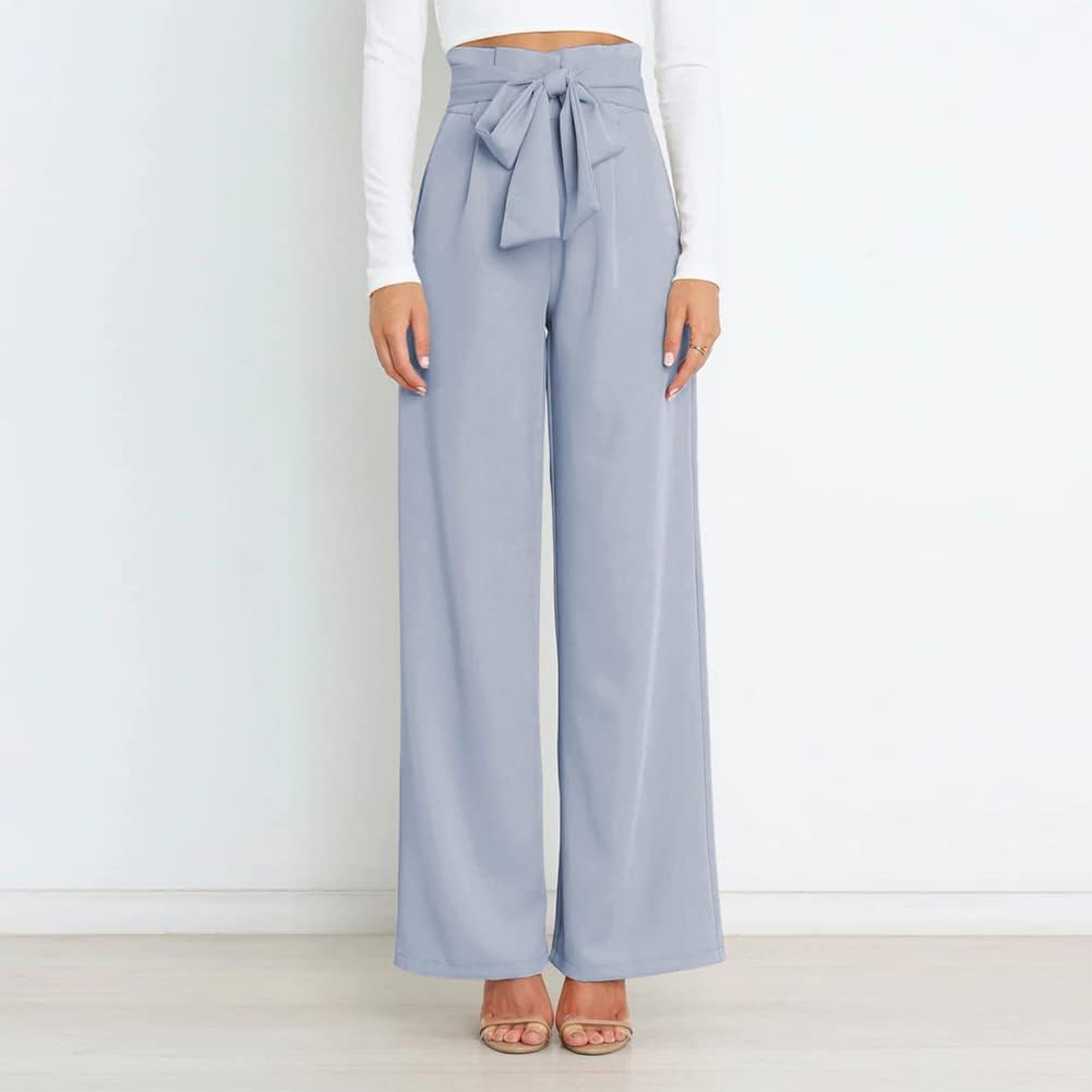 Odizli Damen Elegant High Waist Lang Weite Hose Sommer Business Festlich Anzughose mit Gürtel L Blau