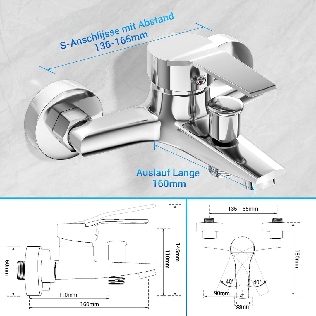LADOKEE Badewannenarmatur, Wasserhahn Badewanne mit G1/2"-Anschluss, Einhebel Mischbatterie Badewann