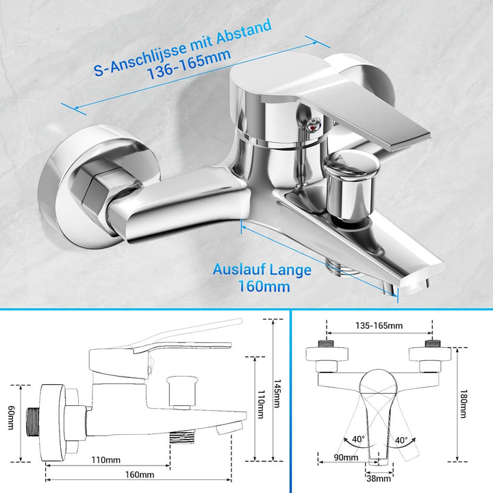 LADOKEE Badewannenarmatur, Wasserhahn Badewanne mit G1/2"-Anschluss, Einhebel Mischbatterie Badewann