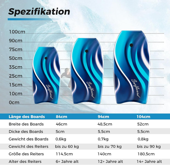GYMAX Leichtes Bodyboard, Surfbrett mit EPS-Kern, XPE-Deck, HDPE-Unterseite, Halbmond-Heck & Handgel