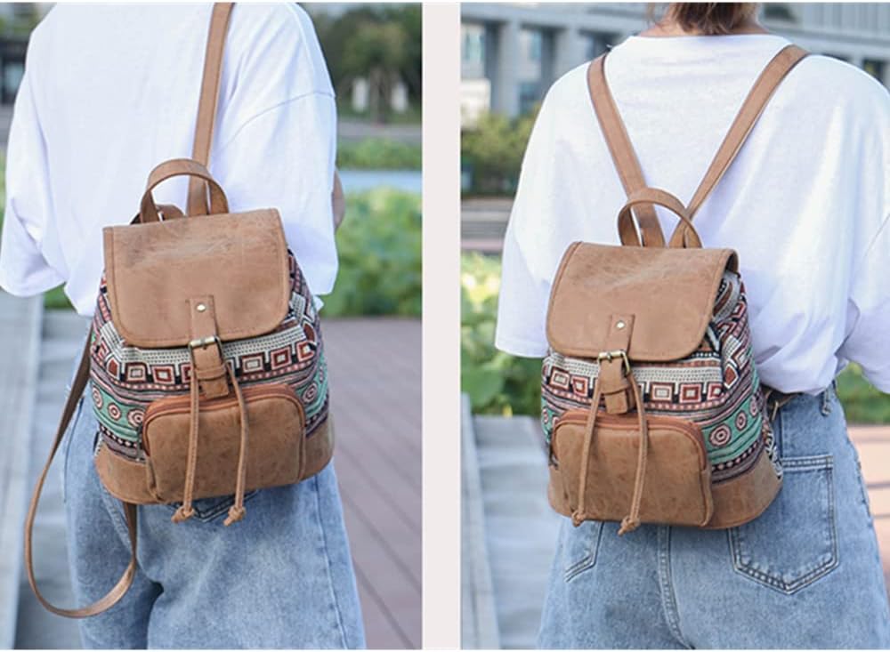 Rucksack Bohemien Klassisch Rucksackhandtaschen Klein Leder und Baumwolle Freizeitrucksack für Schul