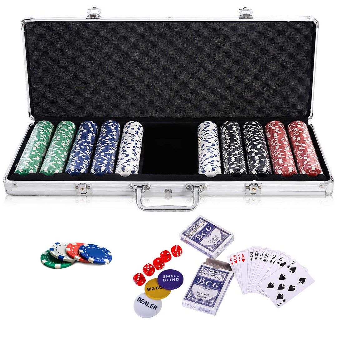 GOPLUS Pokerset mit 500 Chips, Pokerkoffer aus Alu, Poker Set mit 2 Kartendecks, 5 Würfel, Spielmatt