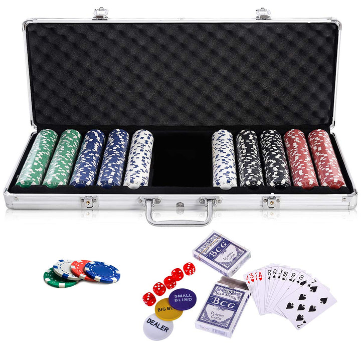 GOPLUS Pokerset mit 500 Chips, Pokerkoffer aus Alu, Poker Set mit 2 Kartendecks, 5 Würfel, Spielmatt