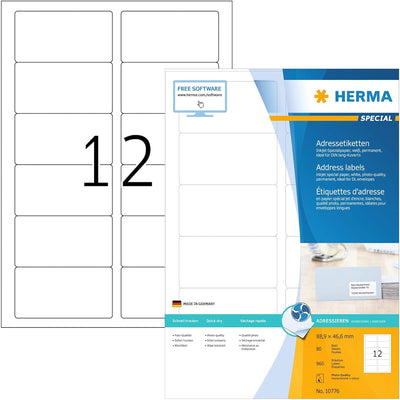 HERMA 10776 Adressetiketten für Inkjet Drucker, 80 Blatt, 88,9 x 46,6 mm, 12 Stück pro A4 Bogen, 960