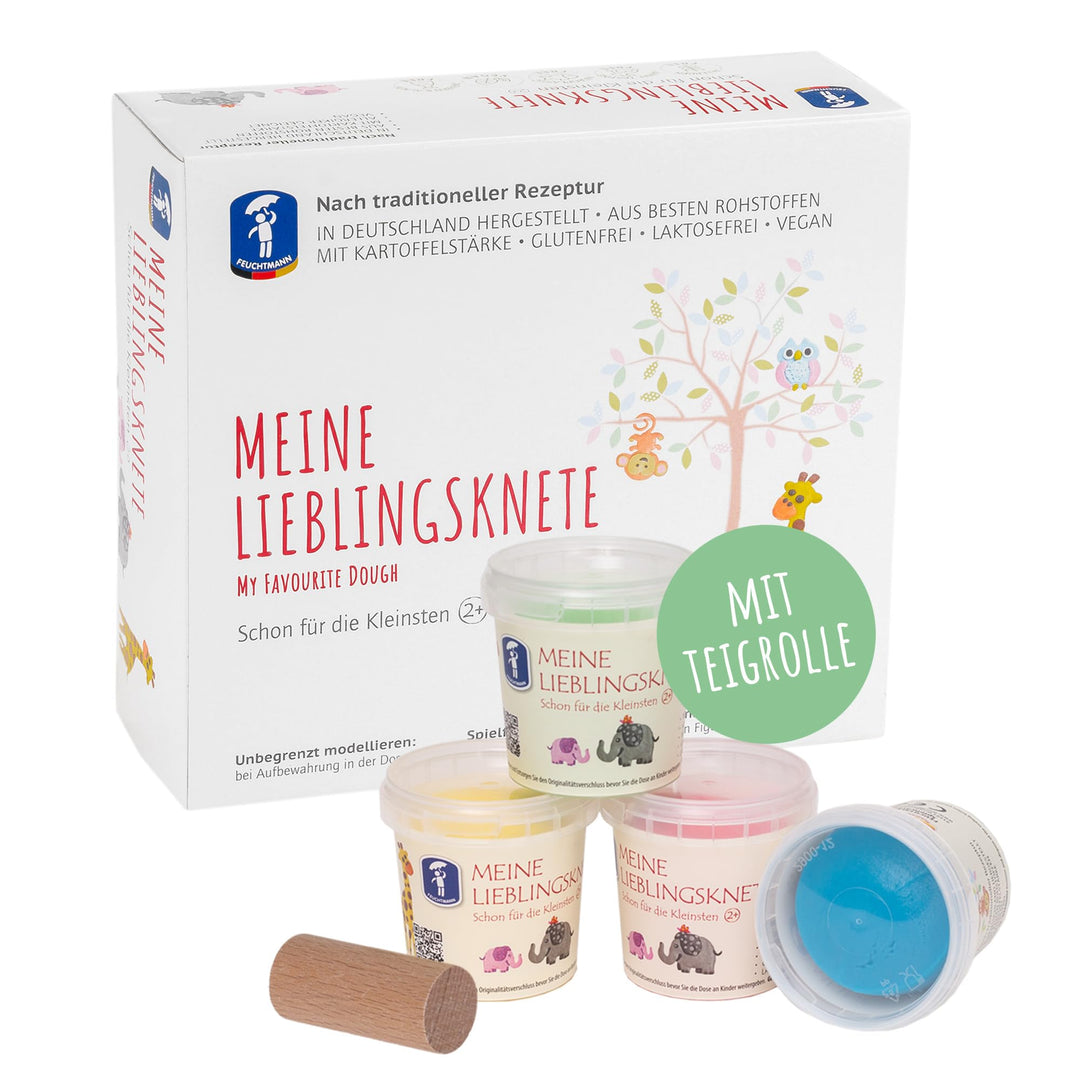 Feuchtmann MEINE LIEBLINGSKNETE mit Teigrolle - Knetset 4x150g, vegane glutenfreie Knete, natürliche