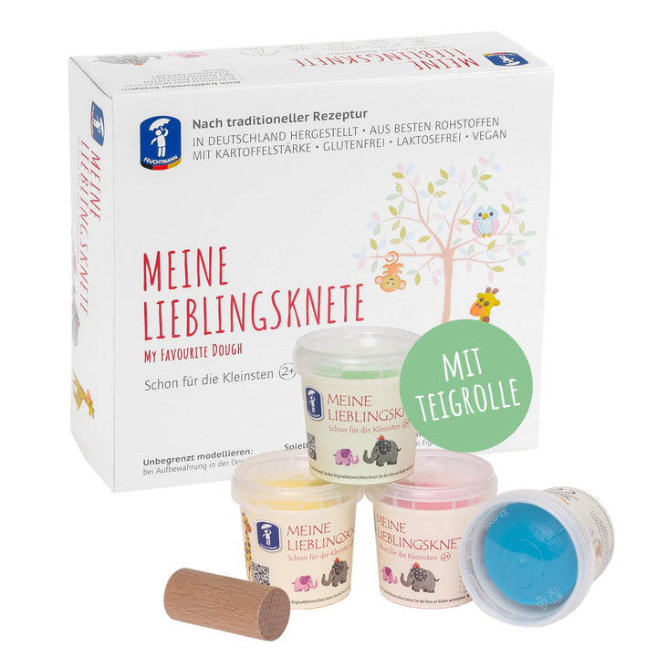 Feuchtmann MEINE LIEBLINGSKNETE mit Teigrolle - Knetset 4x150g, vegane glutenfreie Knete, natürliche