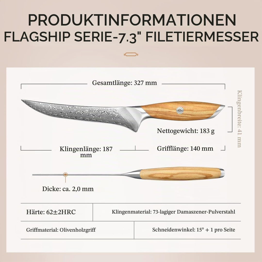 HEZHEN 73 Lagen Damaststahl Filetiermesser, Professionelles Fischmesser, Damast Ausbeinmesser, Full