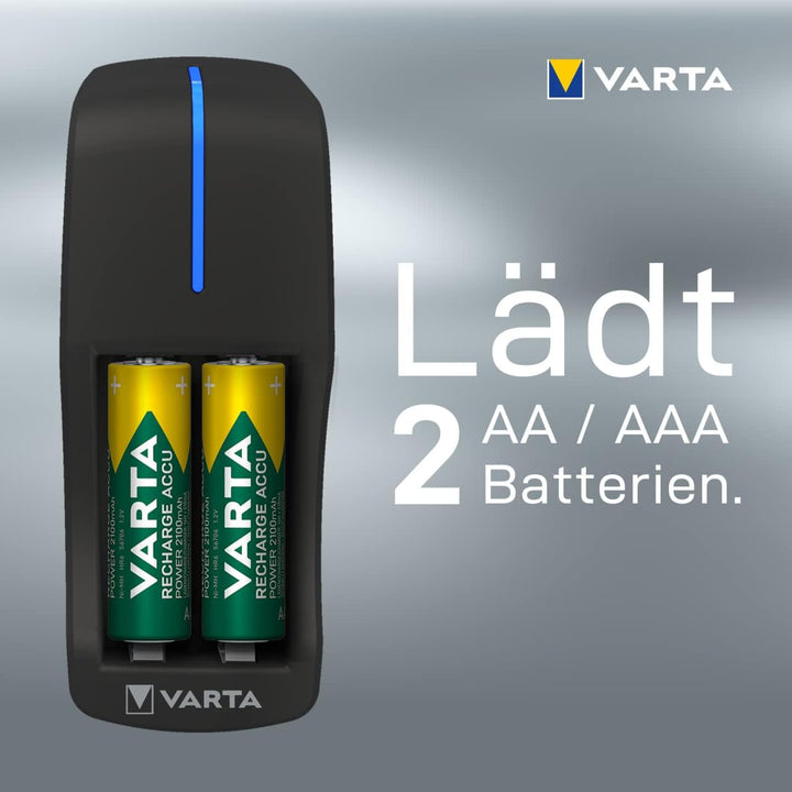 VARTA Akku Ladegerät, inkl. 2X AA 2100mAh, Batterieladegerät für wiederaufladbare Batterien, lädt 2