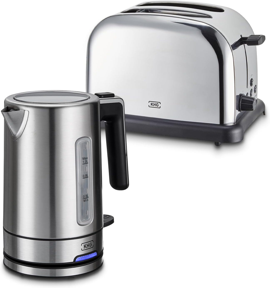 KHG Frühstücksset Wasserkocher & Toaster, Edelstahl Silber Chrom, Kapazität 1 Liter & 2 Scheiben, pr