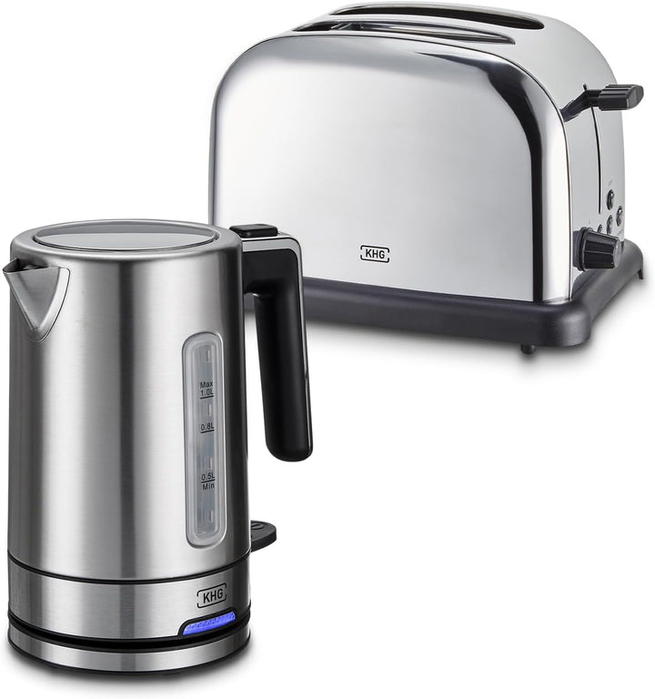 KHG Frühstücksset Wasserkocher & Toaster, Edelstahl Silber Chrom, Kapazität 1 Liter & 2 Scheiben, pr