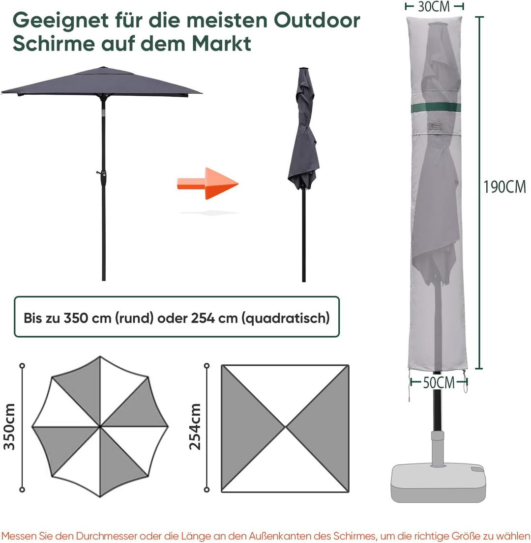 Sekey Sonnenschirm Schutzhülle mit Stab, Abdeckhauben für 350cm / 200x300cm Gartenschirm mit Belüftu