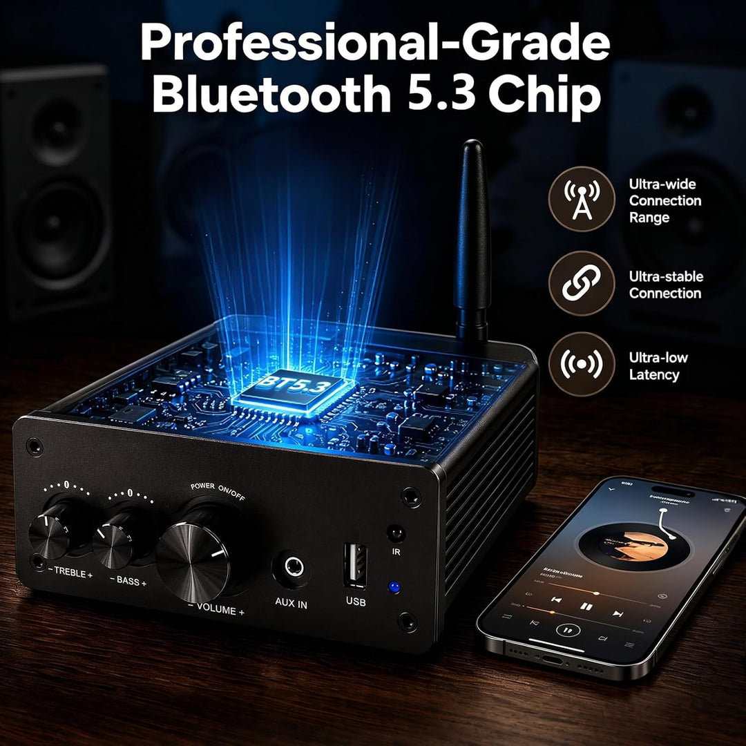 LONPOO Mini Bluetooth Hifi-Verstärker 200W mit Fernbedienung, Optical, COAX, USB, AUX-Eingang, 2 Kan
