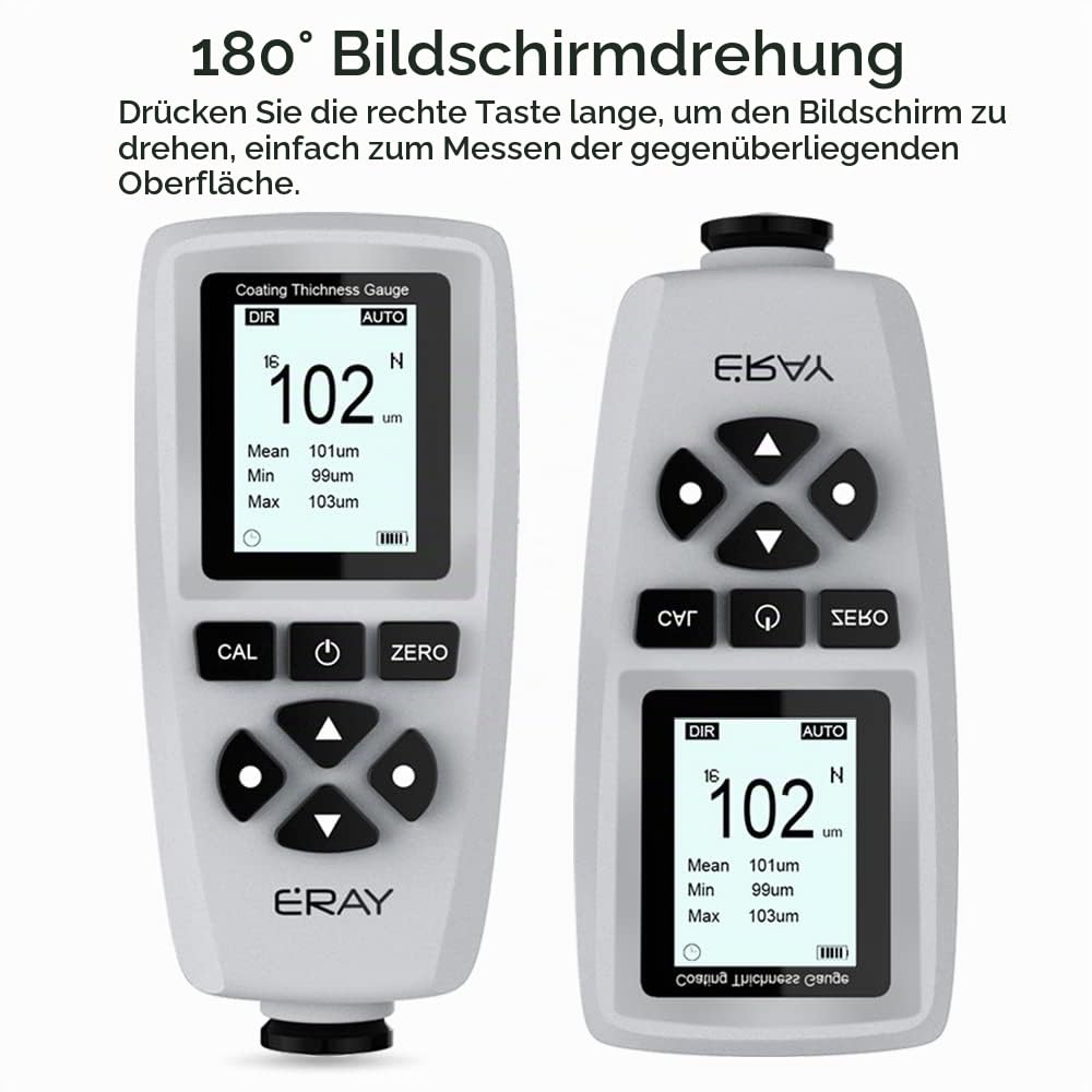 ERAY Schichtdickenmessgerät mit Hintergrundbeleuchtung LCD-Anzeige, Lackschichtenmesser inklusive Ko