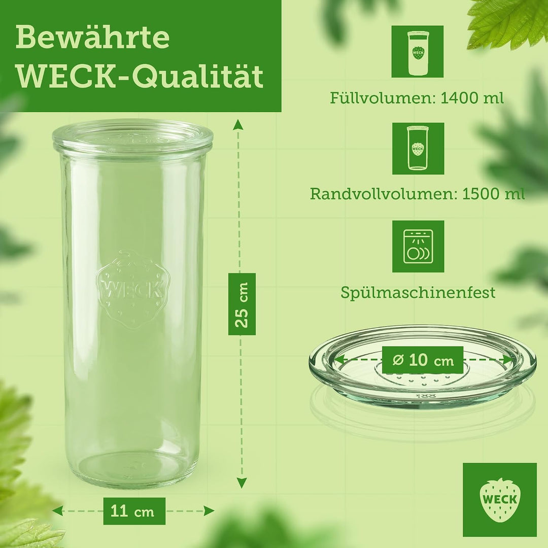 Weck Gläser 1400ml – 6er Set mit Deckeln – Sturzform – robuste, stapelbare Vorratsgläser- & Einweckg