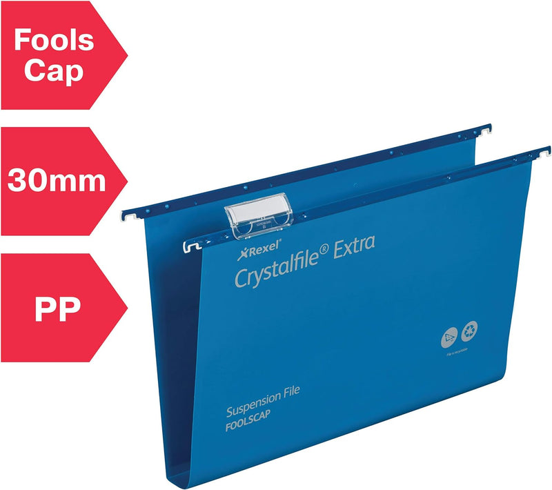 Rexel CrystalFile Extra Hängemappen (Polypropylen, 30 mm Boden, Format Foolscap) 25 Stück blau, blau