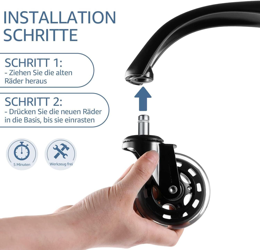 Sytopia Gummirollen Bürostuhl 11mm x 22 mm, 5er Set Rollen für Bürostühle, Parkett Rollen Bürostuhl