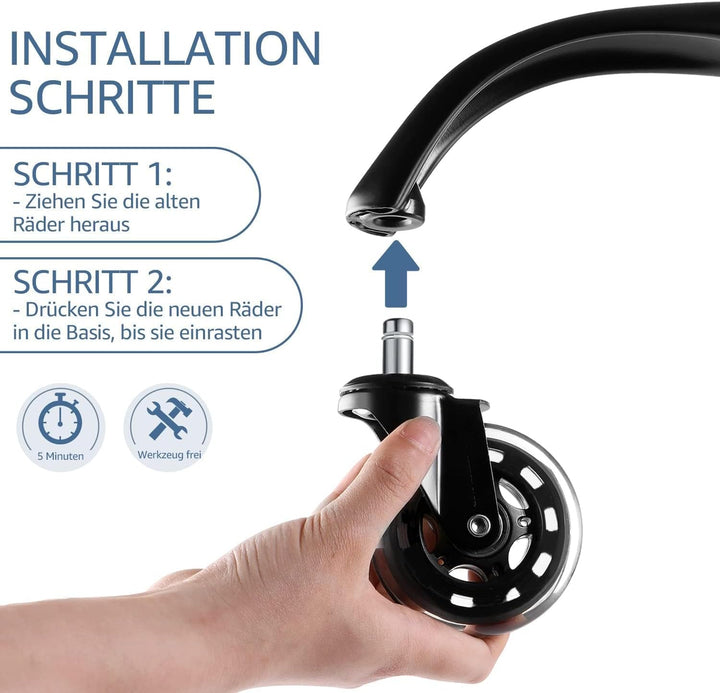 Sytopia Gummirollen Bürostuhl 11mm x 22 mm, 5er Set Rollen für Bürostühle, Parkett Rollen Bürostuhl