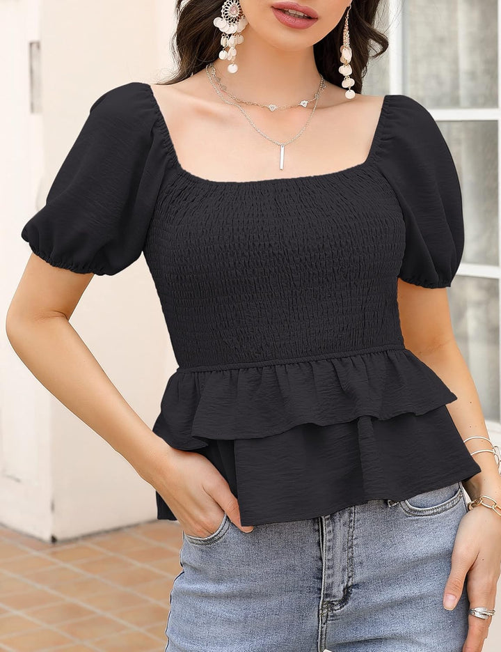 KOJOOIN T-Shirt Damen Sommer Oberteile Kurzarm gesmokes rüschenes Tunika Elegant Eckigem Ausschnitt