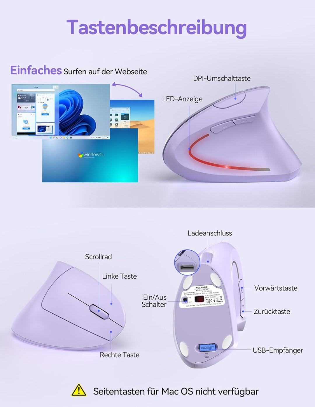 TECKNET Wiederaufladbar Ergonomische Maus Kabellos, 2.4G Optische Vertikale Maus Ergonomisch, 5 Eins