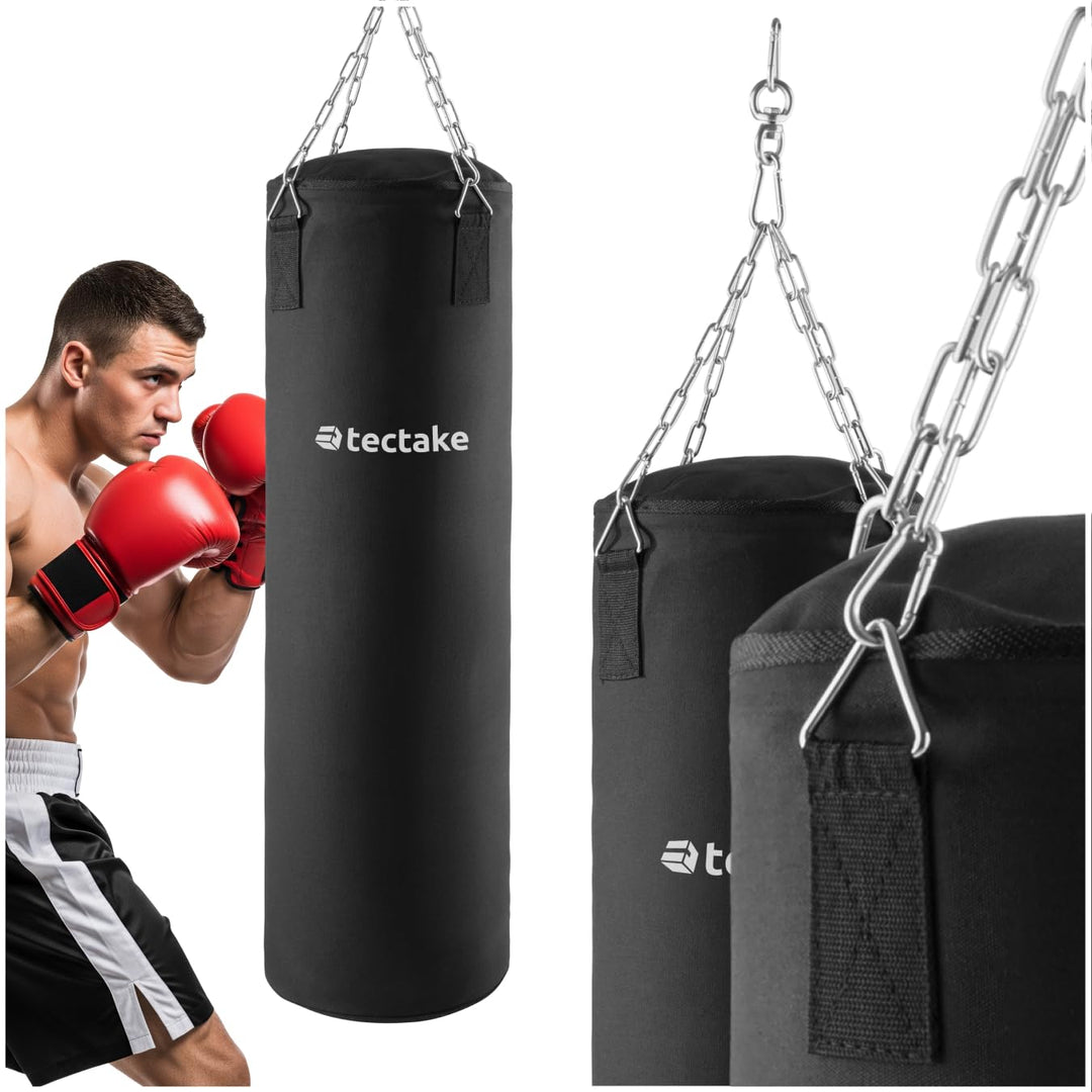 tectake® Boxsack für Zuhause, Sandsack gefüllt mit 25 kg, inkl. Boxsack Halterung 4-Punkt Stahlkette