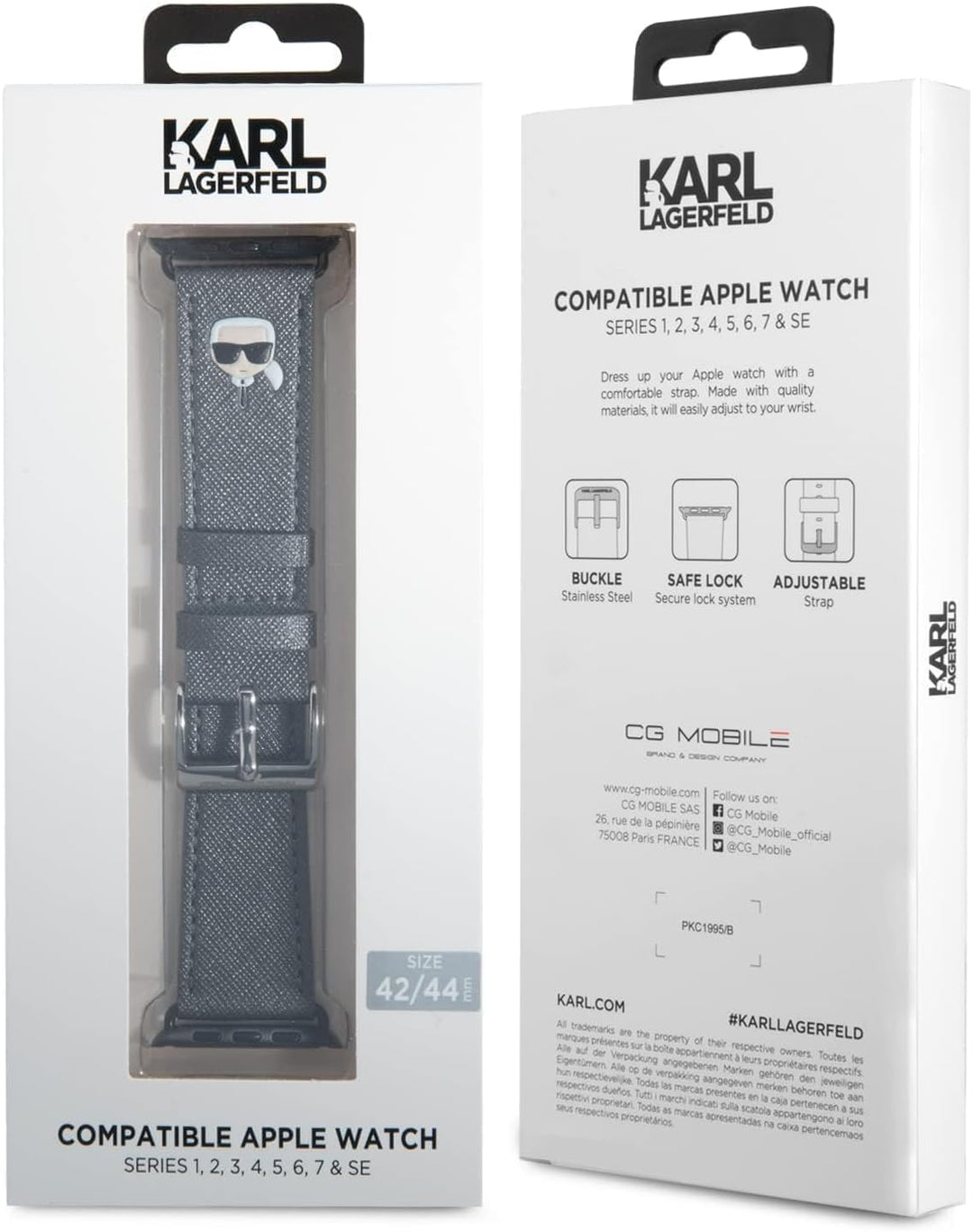 KARL LAGERFELD KLAWLOKHG Uhrenarmband für Apple Watch 42/44/45mm Silber Saffiano Karl Heads