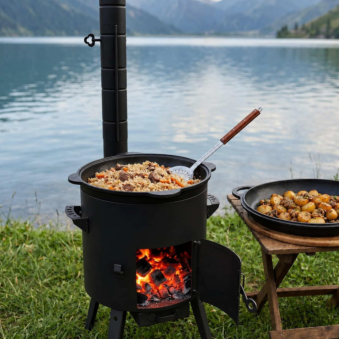 Ø49cm Uchag 2mm stahl mit Abzugsrohr Utschak Feuerstelle Utschag Campingofen 22L Kazan WOK Kasan (Ru