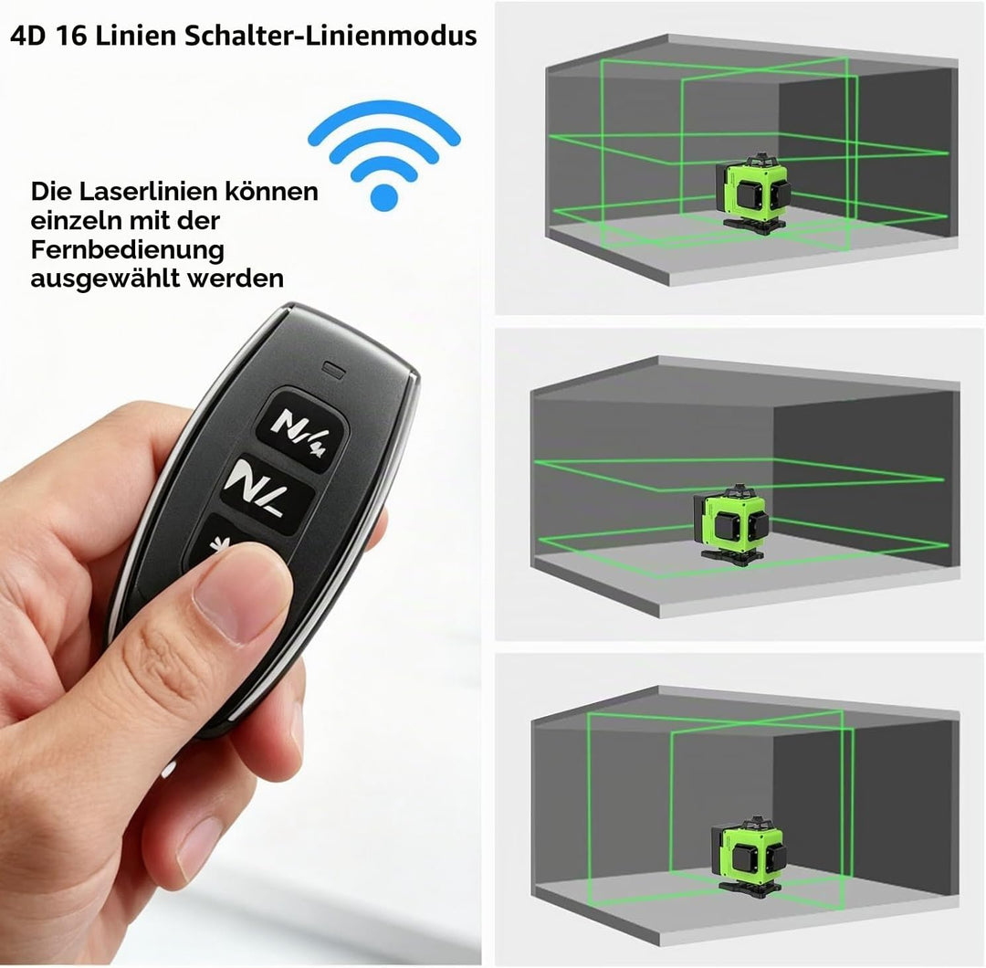 4D Kreuzlinienlaser Grün 360° Selbstnivellierend – 16 Linien Baulaser Set mit Einstellbarer Helligke