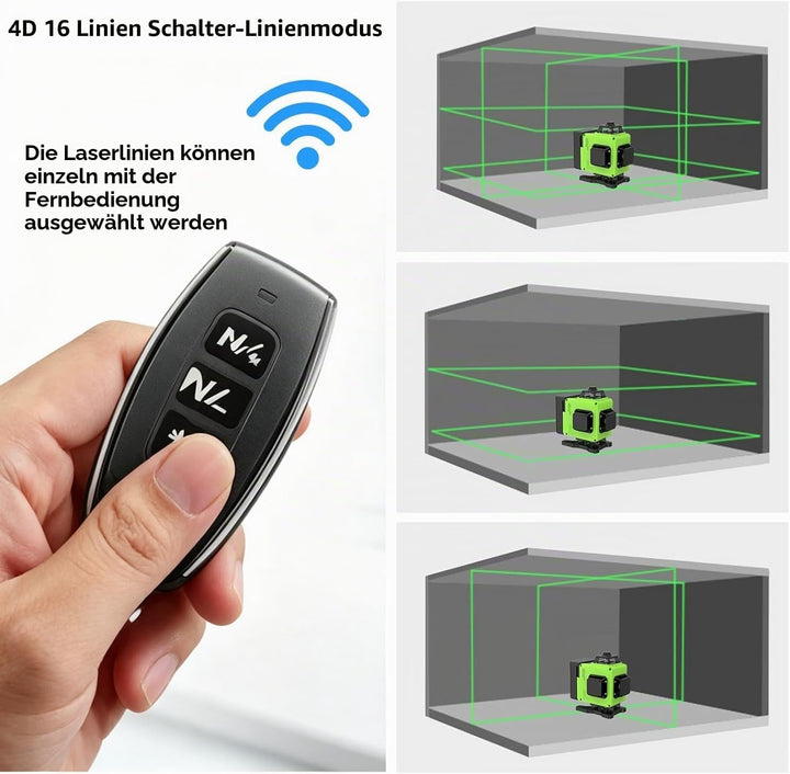 4D Kreuzlinienlaser Grün 360° Selbstnivellierend – 16 Linien Baulaser Set mit Einstellbarer Helligke