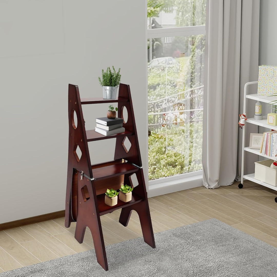 4-Stufen Klappbarer Tritthocker 2-in-1 Holz Trittleiter und Stuhl Klappbar Holztrittleiter 100kg Tra