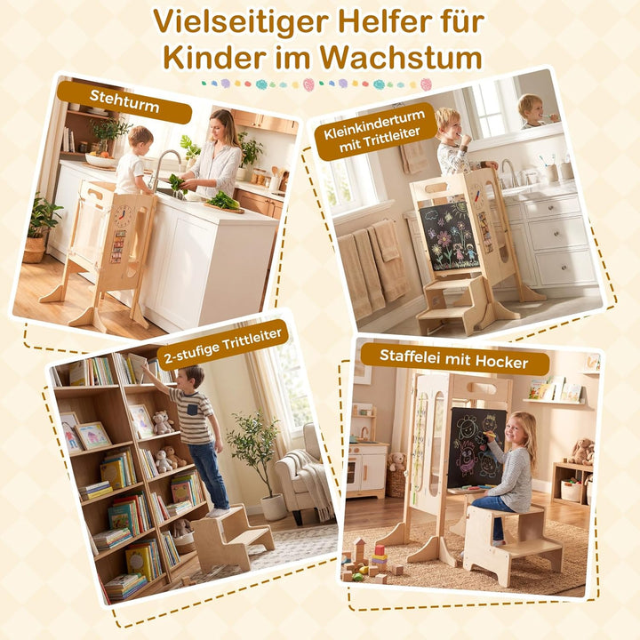COSTWAY 4 in 1 Lernturm klappbar, Tritthocker aus Holz mit 2-Stufen Hocker, Tafel & abnehmbarem Sich