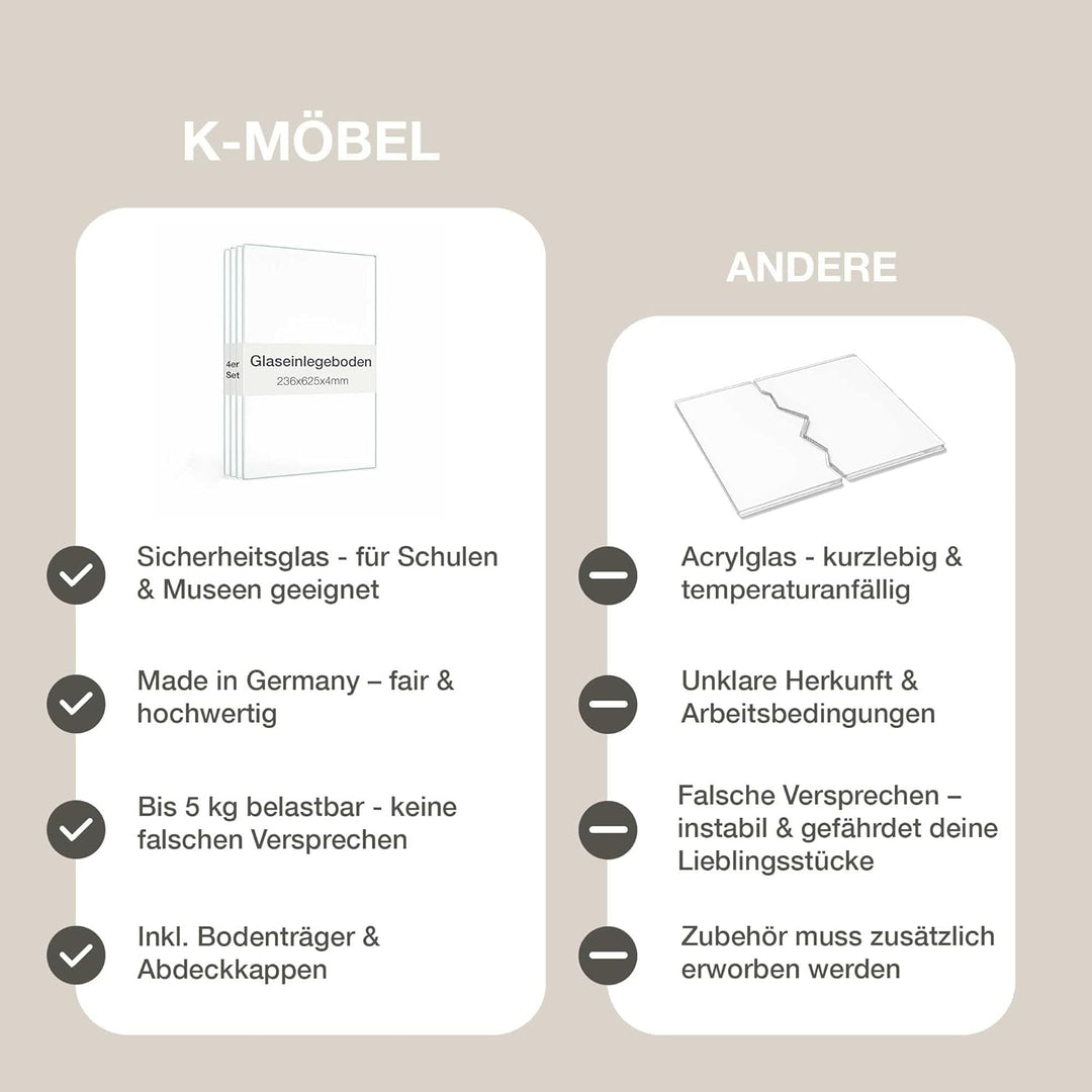 K-Möbel Glaseinlegeboden 4er-Set Glasboden für 2 TRG. Standvitrine für C1084 / C1019 Zubehör Glasböd