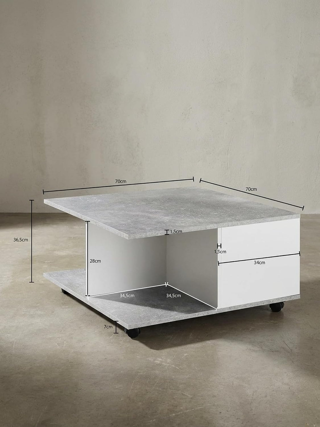 Couchtisch RAPIDO: 70x70x36,5 cm, 2 Schubladen, Rollen, Melaminharzbeschichtung, Weiss/Anthrazit Far
