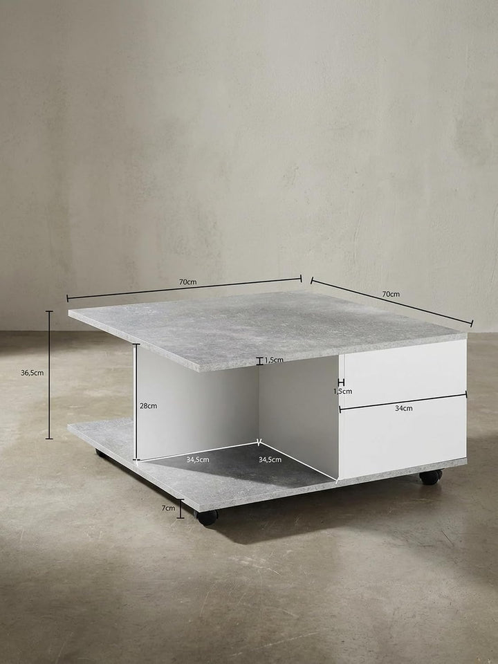 Couchtisch RAPIDO: 70x70x36,5 cm, 2 Schubladen, Rollen, Melaminharzbeschichtung, Weiss/Anthrazit Far